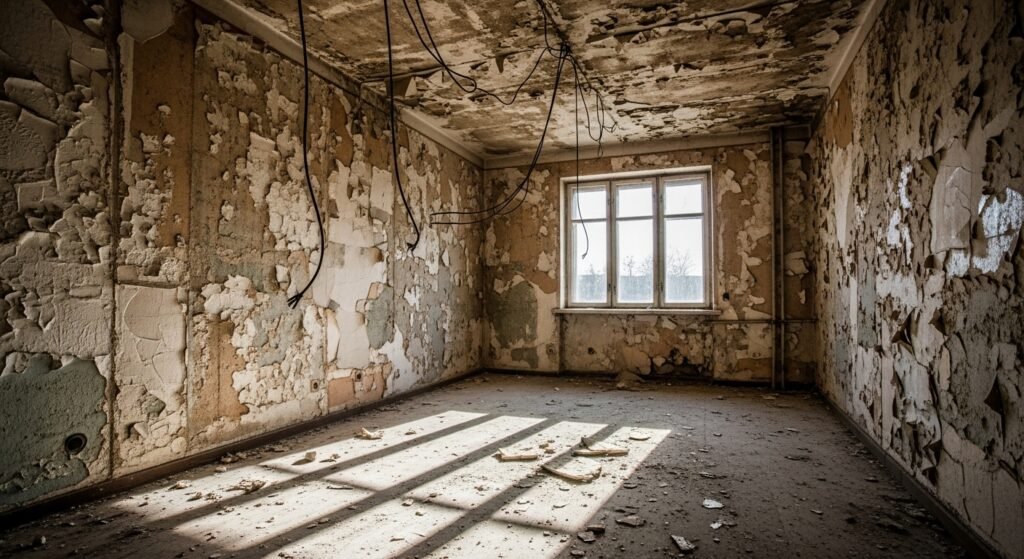 An empty, derelict apartment room. The walls are cracked and dirty with peeling, moldy wallpaper. A few exposed wires hang from the ceiling. The floor is rough, dusty concrete. Natural light streams harshly through a single grimy window, creating long shadows and emphasizing the room